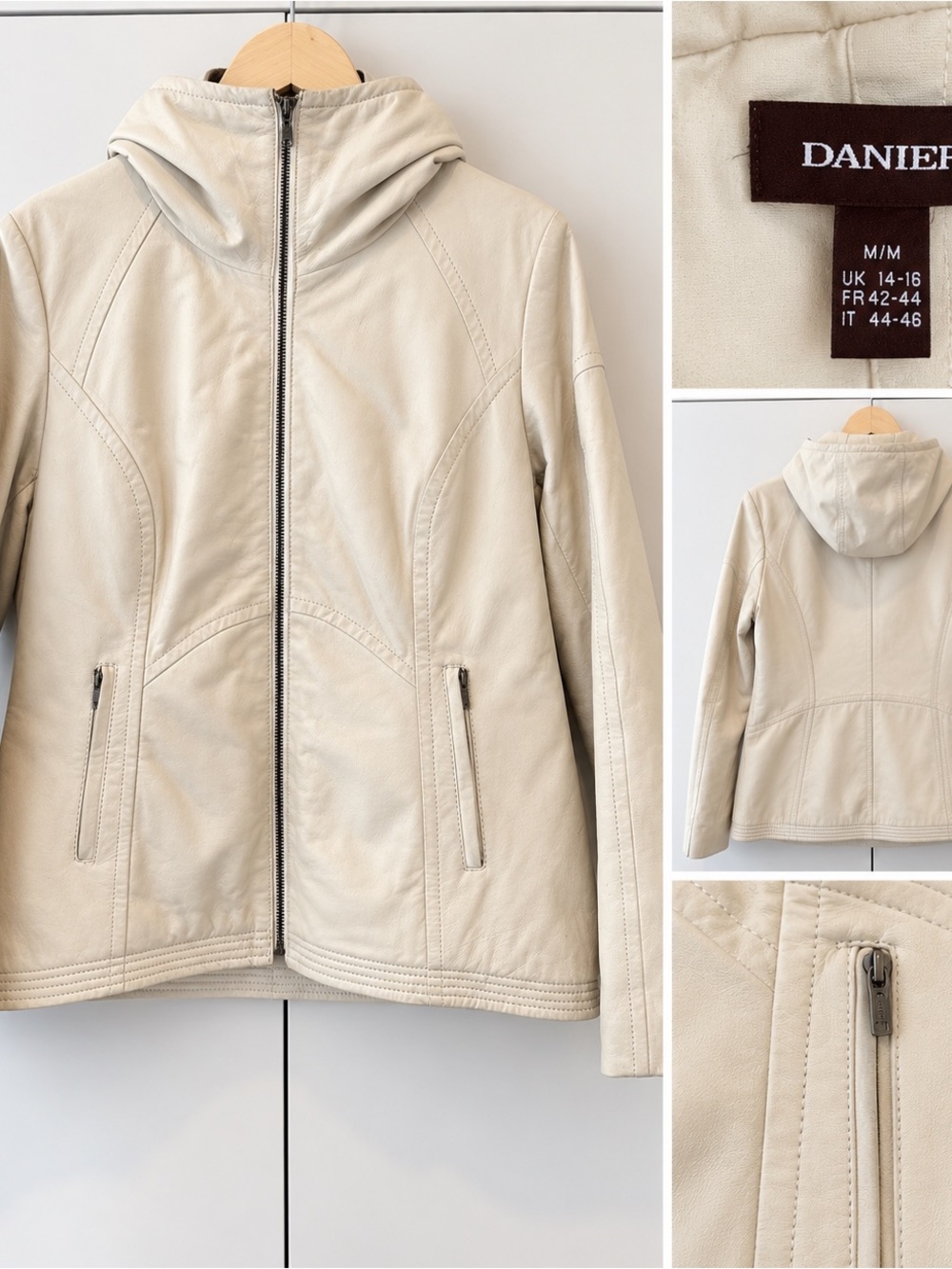 Danier Light Cream Leather Hooded Jacket - Women's M